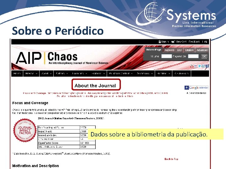 Sobre o Periódico Dados sobre a bibliometria da publicação. 
