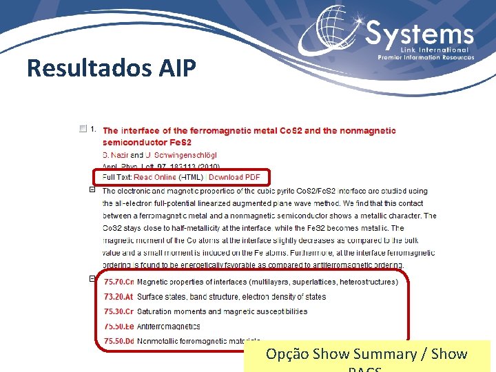 Resultados AIP Opção Show Summary / Show 