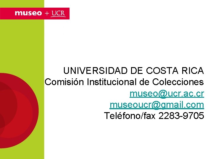 UNIVERSIDAD DE COSTA RICA Comisión Institucional de Colecciones museo@ucr. ac. cr museoucr@gmail. com Teléfono/fax
