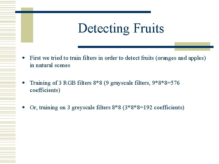 Detecting Fruits w First we tried to train filters in order to detect fruits
