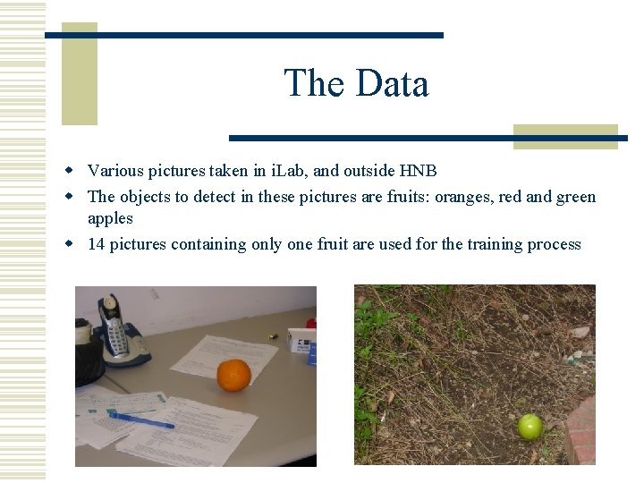 The Data w Various pictures taken in i. Lab, and outside HNB w The