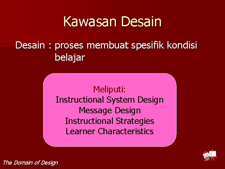 Kawasan Desain : proses membuat spesifik kondisi belajar Meliputi: Instructional System Design Message Design