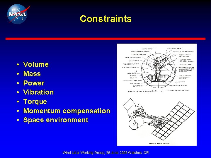 Constraints • • Volume Mass Power Vibration Torque Momentum compensation Space environment Wind Lidar