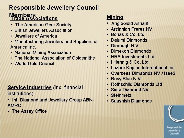 Responsible Jewellery Council Members Trade Associations • The American Gem Society • British Jewellers