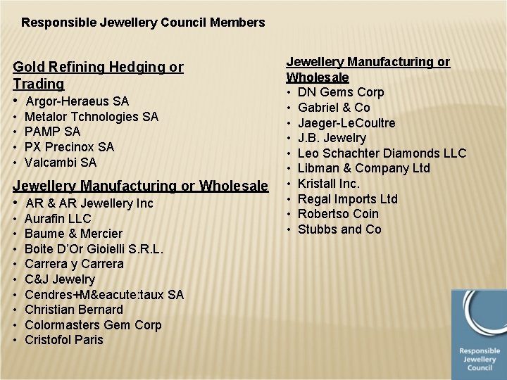 Responsible Jewellery Council Members Gold Refining Hedging or Trading • Argor-Heraeus SA • •