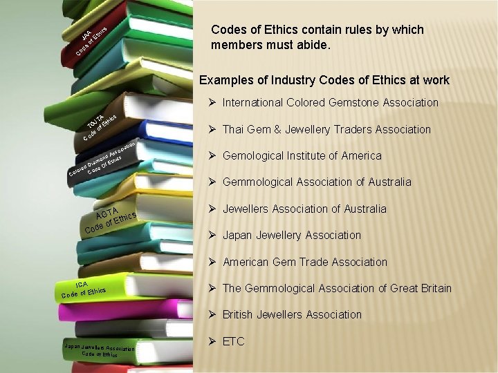 Codes of Ethics contain rules by which members must abide. s A thic JA