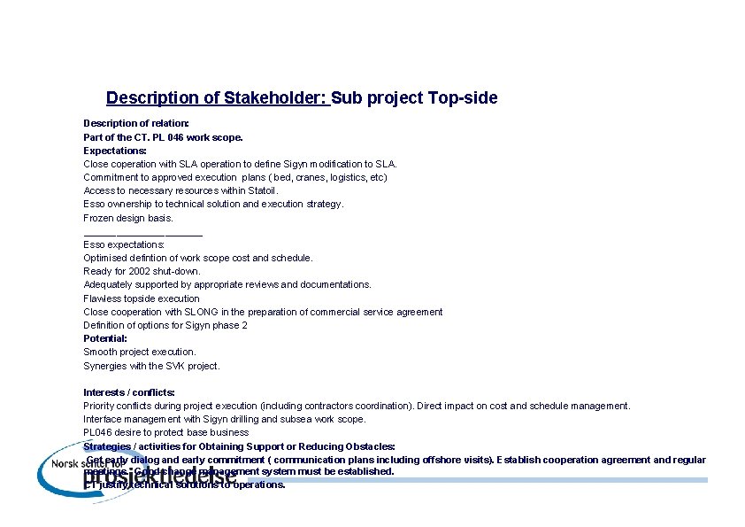 Description of Stakeholder: Sub project Top-side Description of relation: Part of the CT. PL