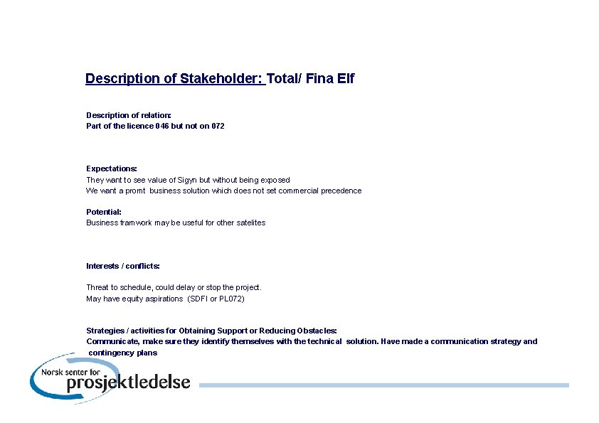 Description of Stakeholder: Total/ Fina Elf Description of relation: Part of the licence 046