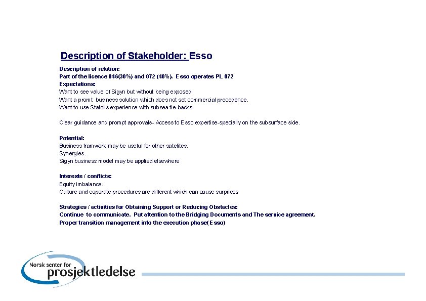 Description of Stakeholder: Esso Description of relation: Part of the licence 046(30%) and 072