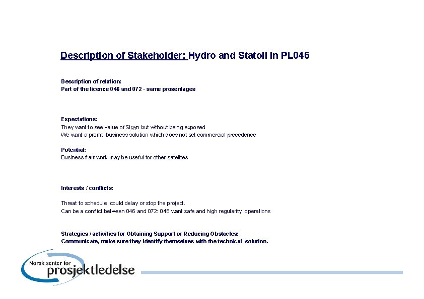 Description of Stakeholder: Hydro and Statoil in PL 046 Description of relation: Part of