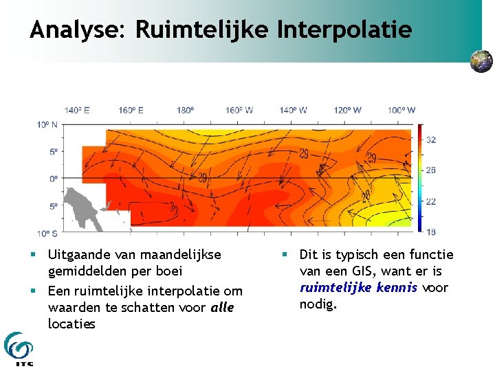 Analyse: Ruimtelijke Interpolatie Uitgaande van maandelijkse gemiddelden per boei Een ruimtelijke interpolatie om waarden