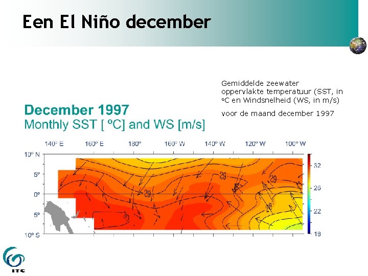 Een El Niño december Gemiddelde zeewater oppervlakte temperatuur (SST, in o. C en Windsnelheid