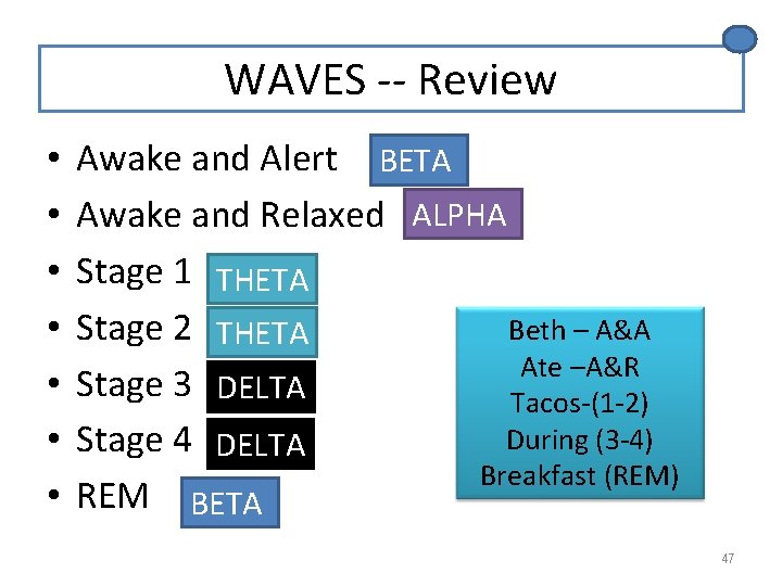 WAVES -- Review • • Awake and Alert BETA Awake and Relaxed ALPHA Stage