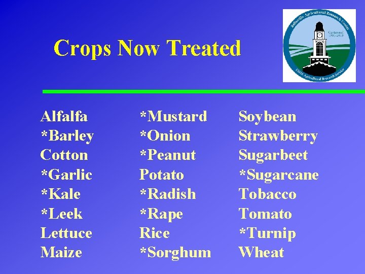 Crops Now Treated Alfalfa *Barley Cotton *Garlic *Kale *Leek Lettuce Maize *Mustard *Onion *Peanut