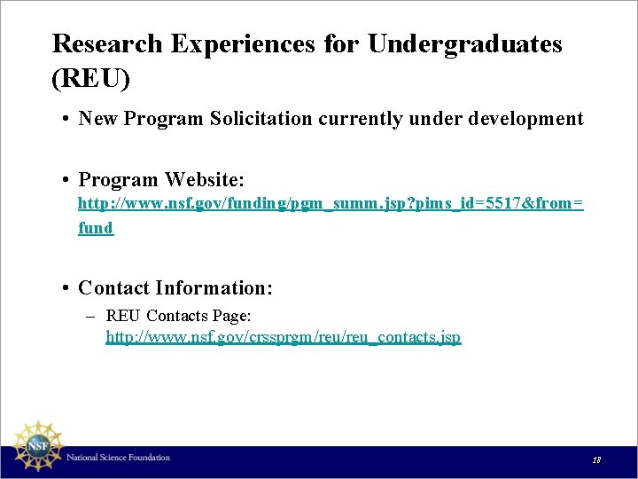 Research Experiences for Undergraduates (REU) • New Program Solicitation currently under development • Program