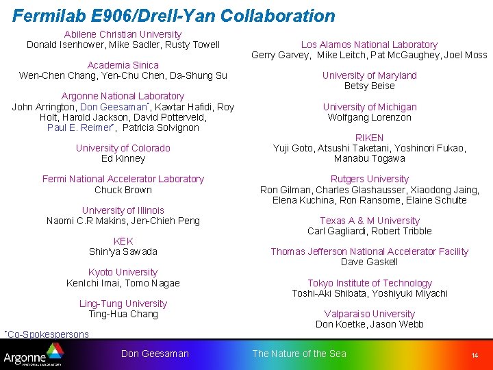 Fermilab E 906/Drell-Yan Collaboration Abilene Christian University Donald Isenhower, Mike Sadler, Rusty Towell Academia Fermilab E 906/Drell-Yan Collaboration Abilene Christian University Donald Isenhower, Mike Sadler, Rusty Towell Academia