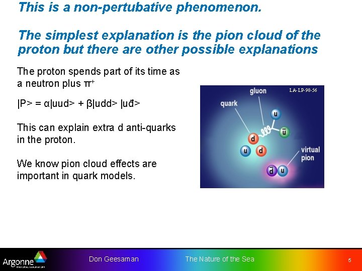 This is a non-pertubative phenomenon. The simplest explanation is the pion cloud of the This is a non-pertubative phenomenon. The simplest explanation is the pion cloud of the