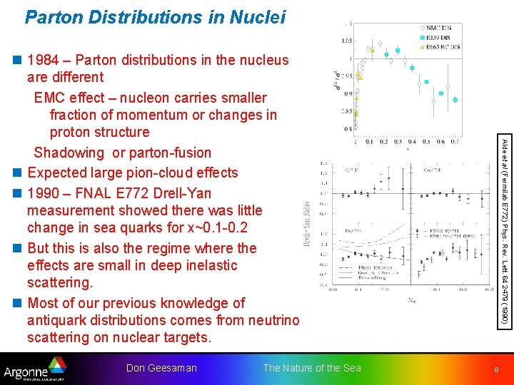 Parton Distributions in Nuclei Don Geesaman The Nature of the Sea Alde et al Parton Distributions in Nuclei Don Geesaman The Nature of the Sea Alde et al