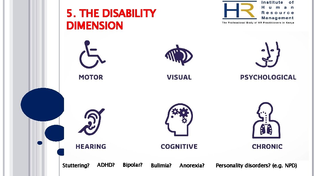 5. THE DISABILITY DIMENSION Stuttering? ADHD? Bipolar? Bulimia? Anorexia? Personality disorders? (e. g. NPD)