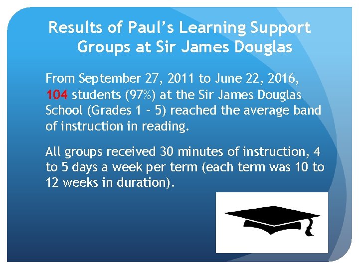 Results of Paul’s Learning Support Groups at Sir James Douglas From September 27, 2011