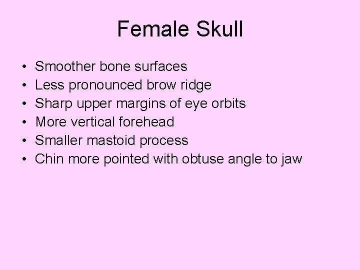 Female Skull • • • Smoother bone surfaces Less pronounced brow ridge Sharp upper