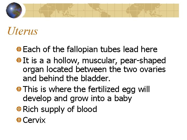 Uterus Each of the fallopian tubes lead here It is a a hollow, muscular,