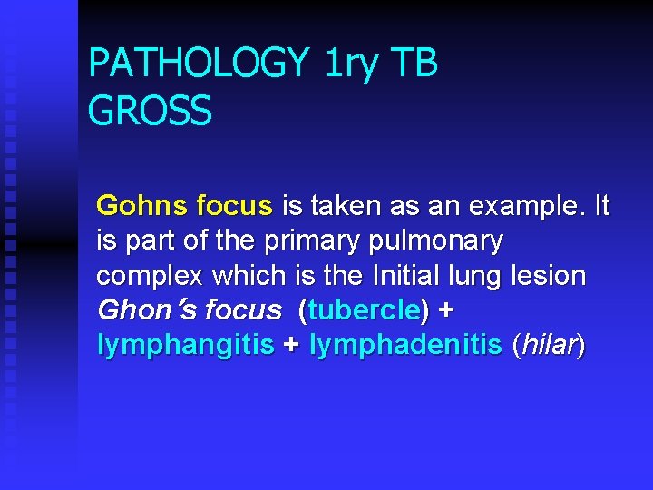 PATHOLOGY 1 ry TB GROSS Gohns focus is taken as an example. It is