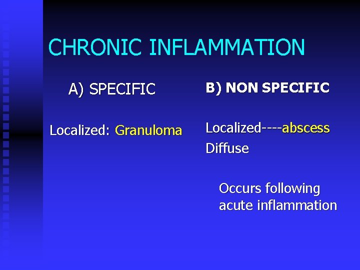 CHRONIC INFLAMMATION A) SPECIFIC B) NON SPECIFIC Localized: Granuloma Localized----abscess Diffuse Occurs following acute