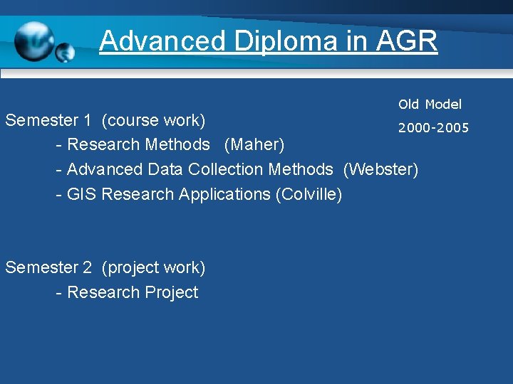 Advanced Diploma in AGR Old Model Semester 1 (course work) 2000 -2005 - Research