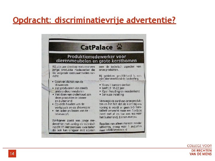 Opdracht: discriminatievrije advertentie? 14 