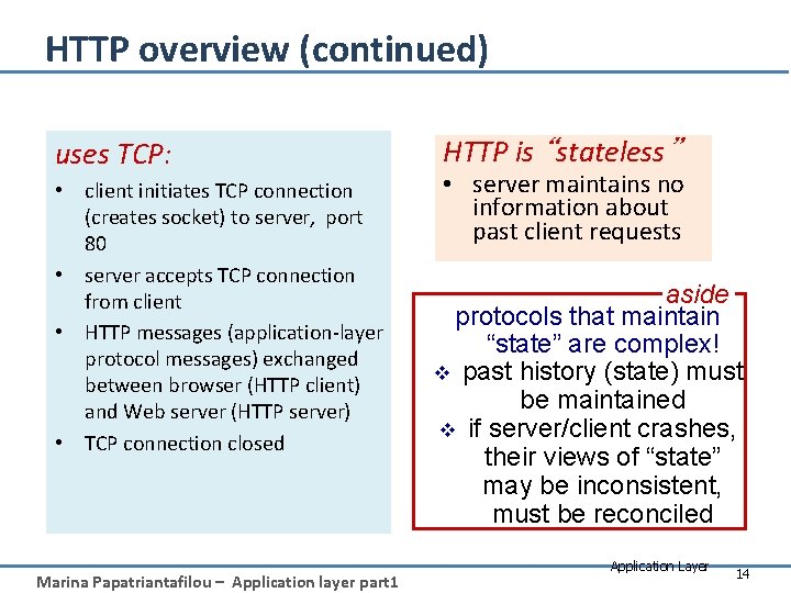 HTTP overview (continued) uses TCP: • client initiates TCP connection (creates socket) to server,