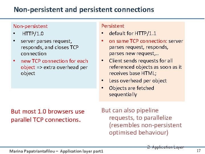 Non-persistent and persistent connections Non-persistent • HTTP/1. 0 • server parses request, responds, and