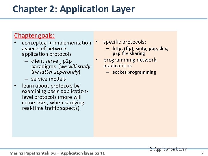 Chapter 2: Application Layer Chapter goals: • conceptual + implementation • specific protocols: –