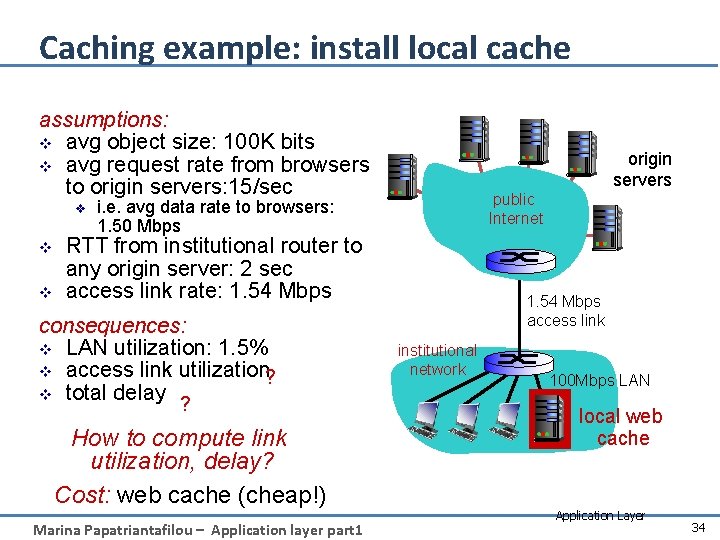 Caching example: install local cache assumptions: v avg object size: 100 K bits v