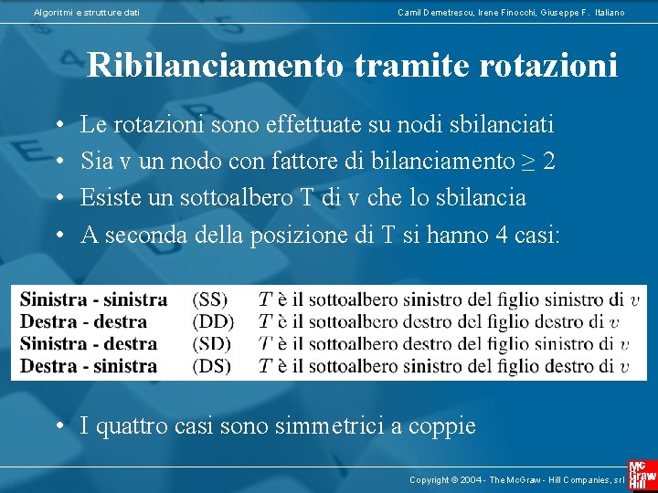 Algoritmi e strutture dati Camil Demetrescu, Irene Finocchi, Giuseppe F. Italiano Ribilanciamento tramite rotazioni