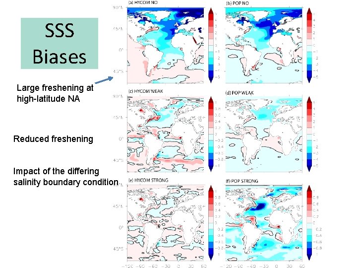 SSS Biases Large freshening at high-latitude NA Reduced freshening Impact of the differing salinity