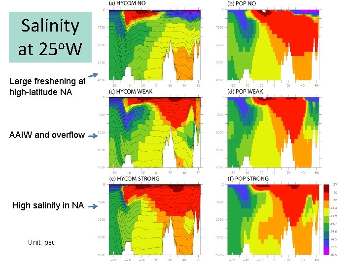 Salinity at 25 o. W Large freshening at high-latitude NA AAIW and overflow High