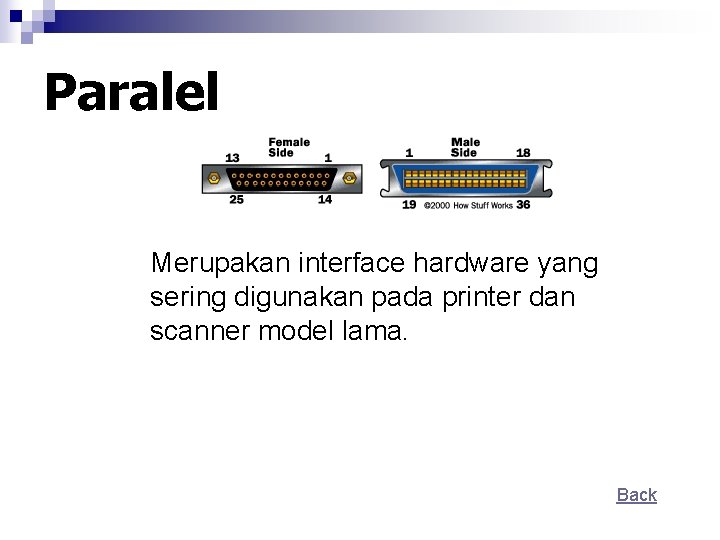 Paralel Merupakan interface hardware yang sering digunakan pada printer dan scanner model lama. Back