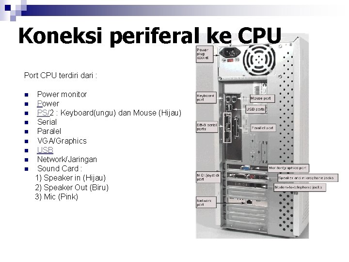 Koneksi periferal ke CPU Port CPU terdiri dari : n n n n n
