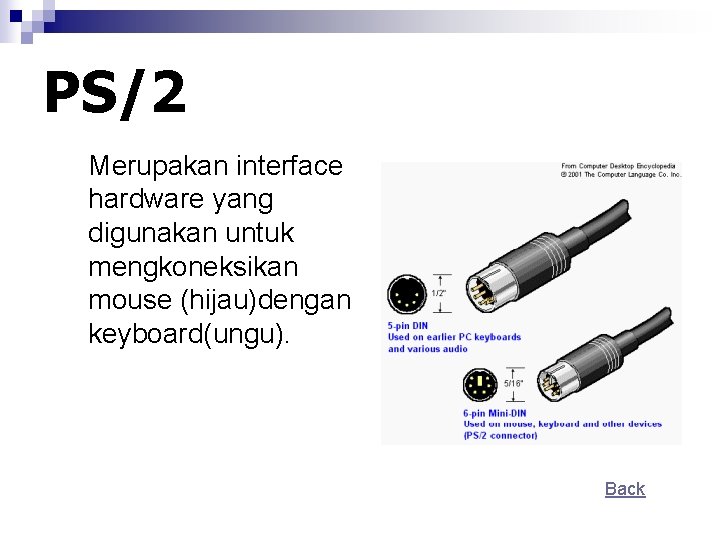 PS/2 Merupakan interface hardware yang digunakan untuk mengkoneksikan mouse (hijau)dengan keyboard(ungu). Back 