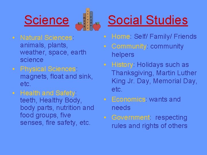 Science Social Studies • Natural Sciences: animals, plants, weather, space, earth science • Physical