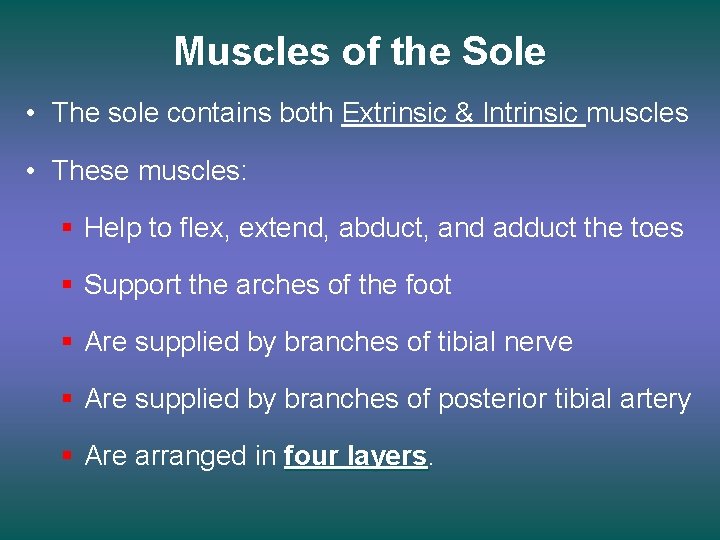 Muscles of the Sole • The sole contains both Extrinsic & Intrinsic muscles •