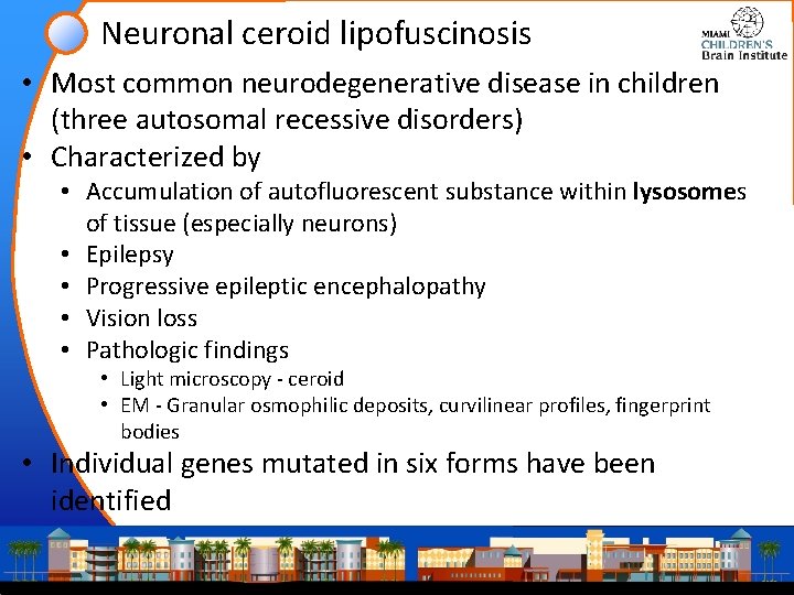 Neuronal ceroid lipofuscinosis • Most common neurodegenerative disease in children (three autosomal recessive disorders)