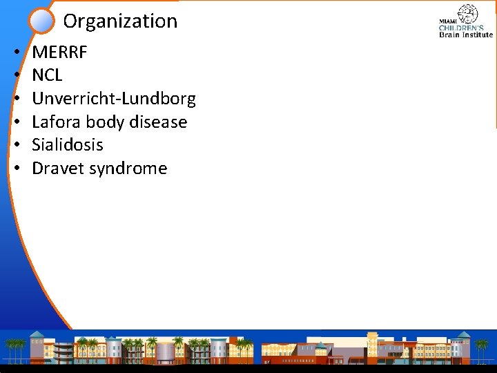 Organization • • • MERRF NCL Unverricht-Lundborg Lafora body disease Sialidosis Dravet syndrome 