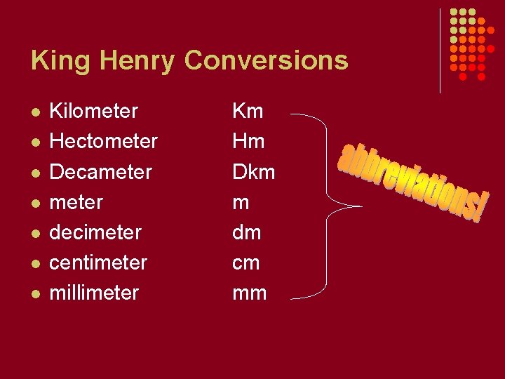 King Henry Conversions l l l l Kilometer Hectometer Decameter decimeter centimeter millimeter Km