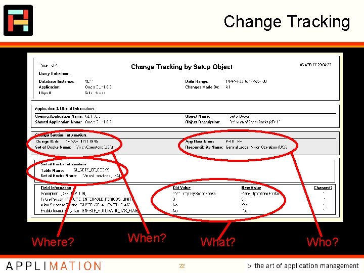 Change Tracking Where? When? What? 22 Who? Change Tracking Where? When? What? 22 Who?