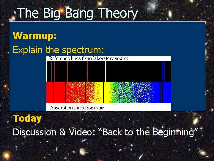  The Big Bang Theory Warmup: Explain the spectrum: Today Discussion & Video: “Back