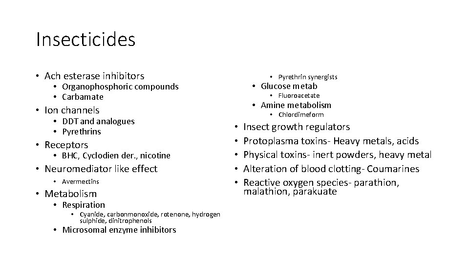 Insecticides • Ach esterase inhibitors • Pyrethrin synergists • Glucose metab • Organophosphoric compounds