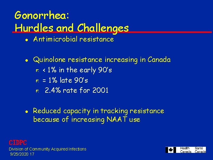 Gonorrhea: Hurdles and Challenges l l l Antimicrobial resistance Quinolone resistance increasing in Canada Gonorrhea: Hurdles and Challenges l l l Antimicrobial resistance Quinolone resistance increasing in Canada