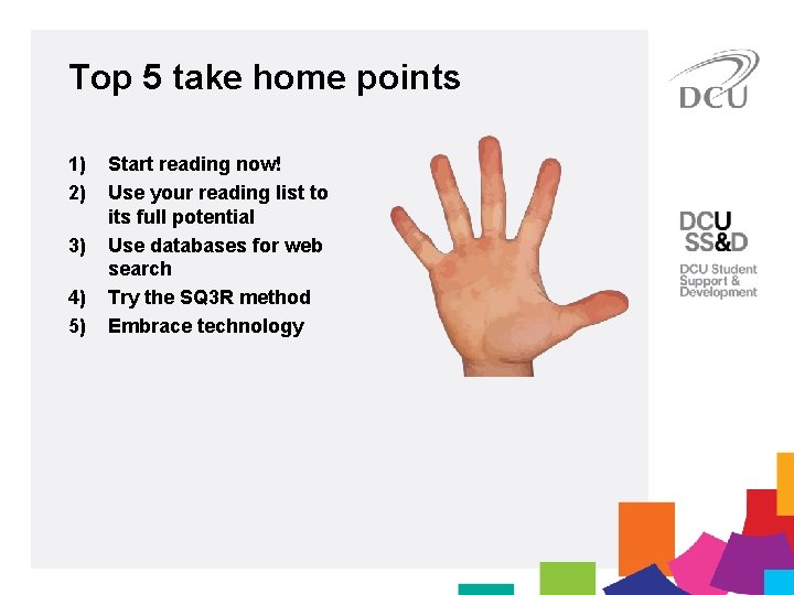 Top 5 take home points 1) 2) 3) 4) 5) Start reading now! Use